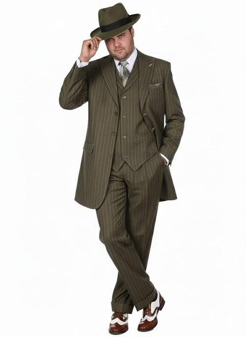 Olive green men's zoot suit: three-piece, pinstriped. Long jacket, vest, wide-leg trousers. Smooth fabric, structured silhouette, notched lapel. Pocket square included.
