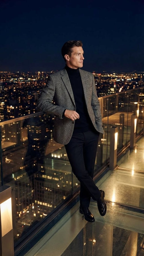 Men's grey tweed herringbone sport coat. Fitted shape, notch lapel, two pockets, single-button closure. Grey & black herringbone pattern.
