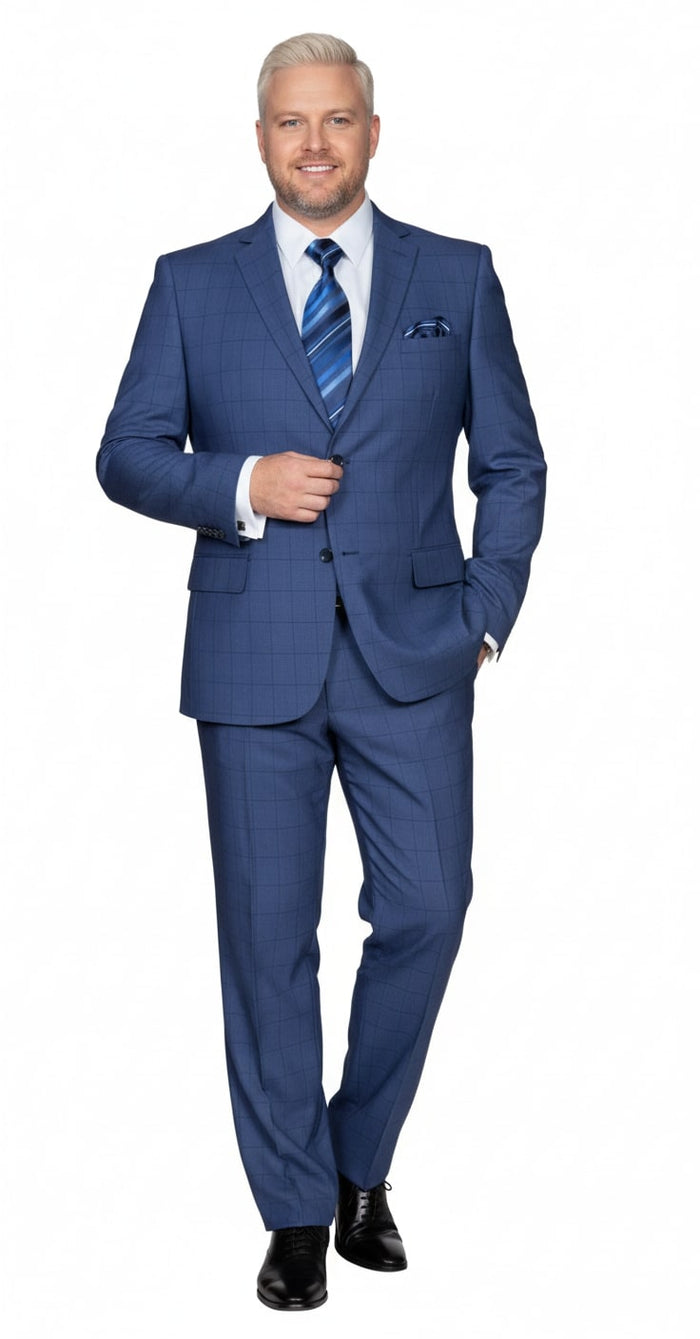 Men's indigo navy suit: classic two-piece formal wear with windowpane check. Cobalt blue, single-breasted jacket with notched lapels. Tailored trousers with a straight-leg fit.
