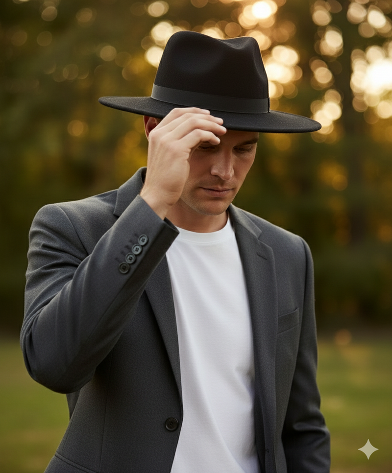 Men's black wool felt fedora hat with a wide brim and structured shape. Includes a matching black band and a slightly tapered crown.
