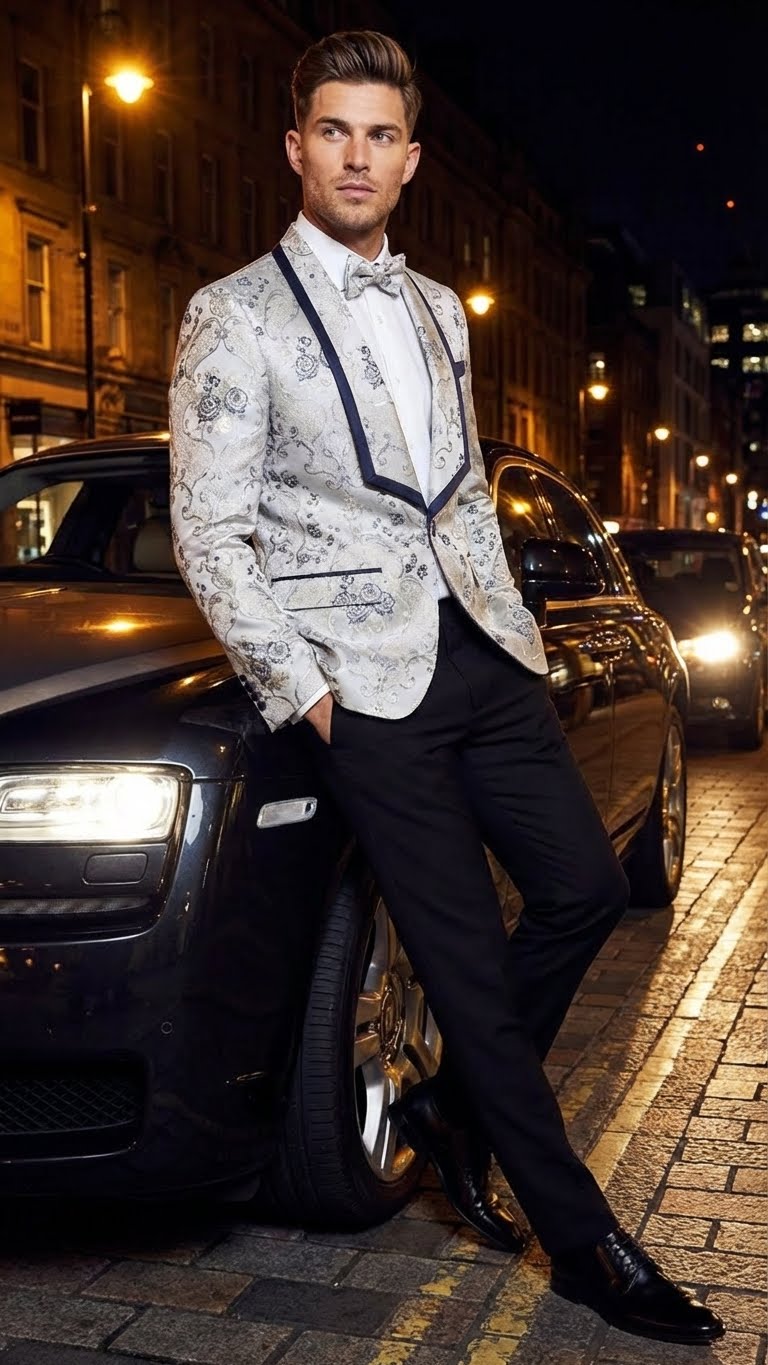 Men's floral jacquard blazer: white & navy, shawl lapel, intricate floral pattern, tailored fit, two front pockets. Jacquard fabric.
