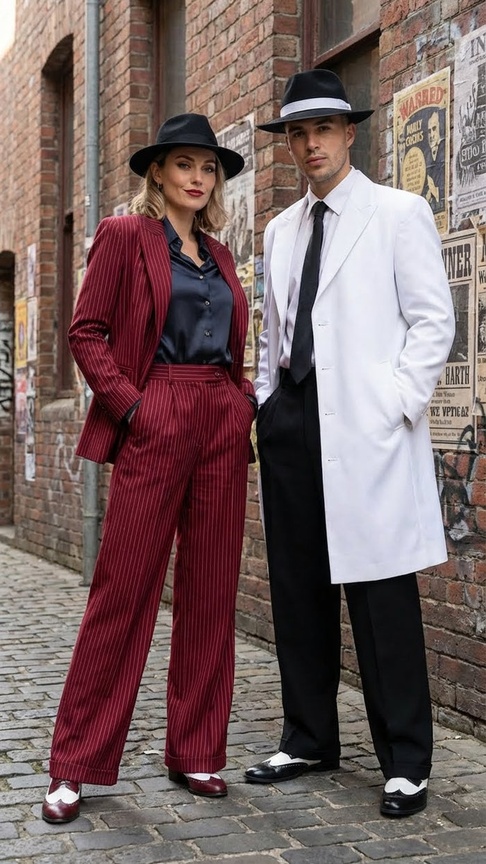 Men’s white zoot suit gangster style outfit features a long, white jacket with a straight cut, paired with black trousers. The jacket has a sleek finish, while the trousers are tailored with a straight leg.