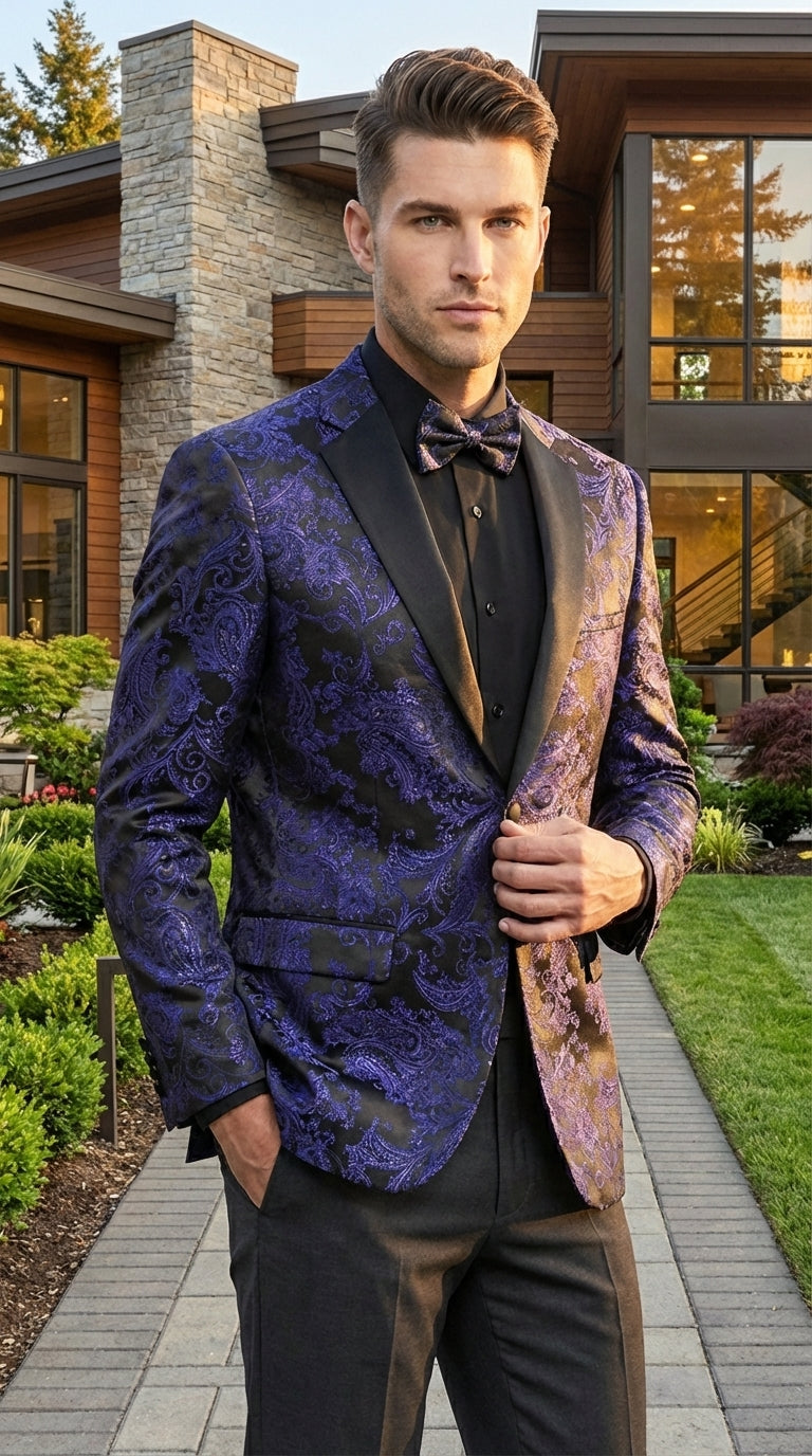 Mens Royal Blue Paisley Jacquard Blazer – Luxury Pattern Tuxedo Dinner Jacket with Black Satin Lapel for Wedding, Prom With Bowtie