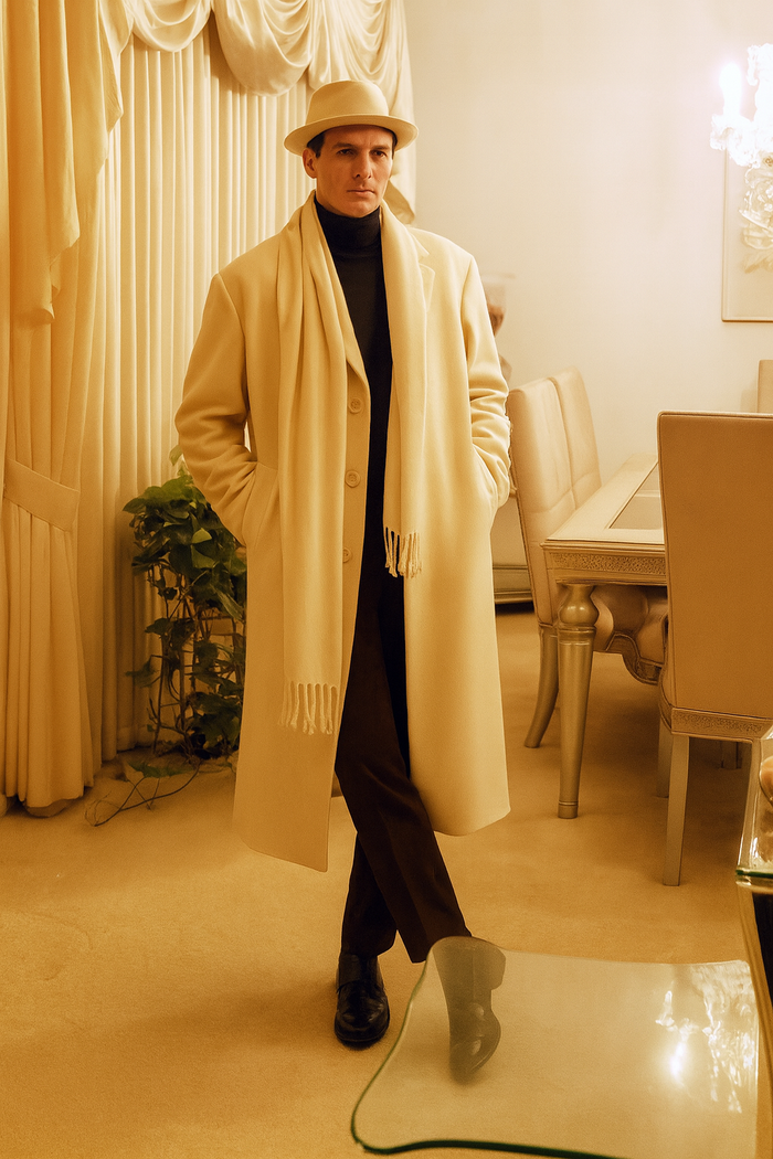 Men's long cream wool overcoat. Ivory off-white color, classic straight silhouette, notched collar, button closure. Includes a matching cream scarf with fringed ends.
