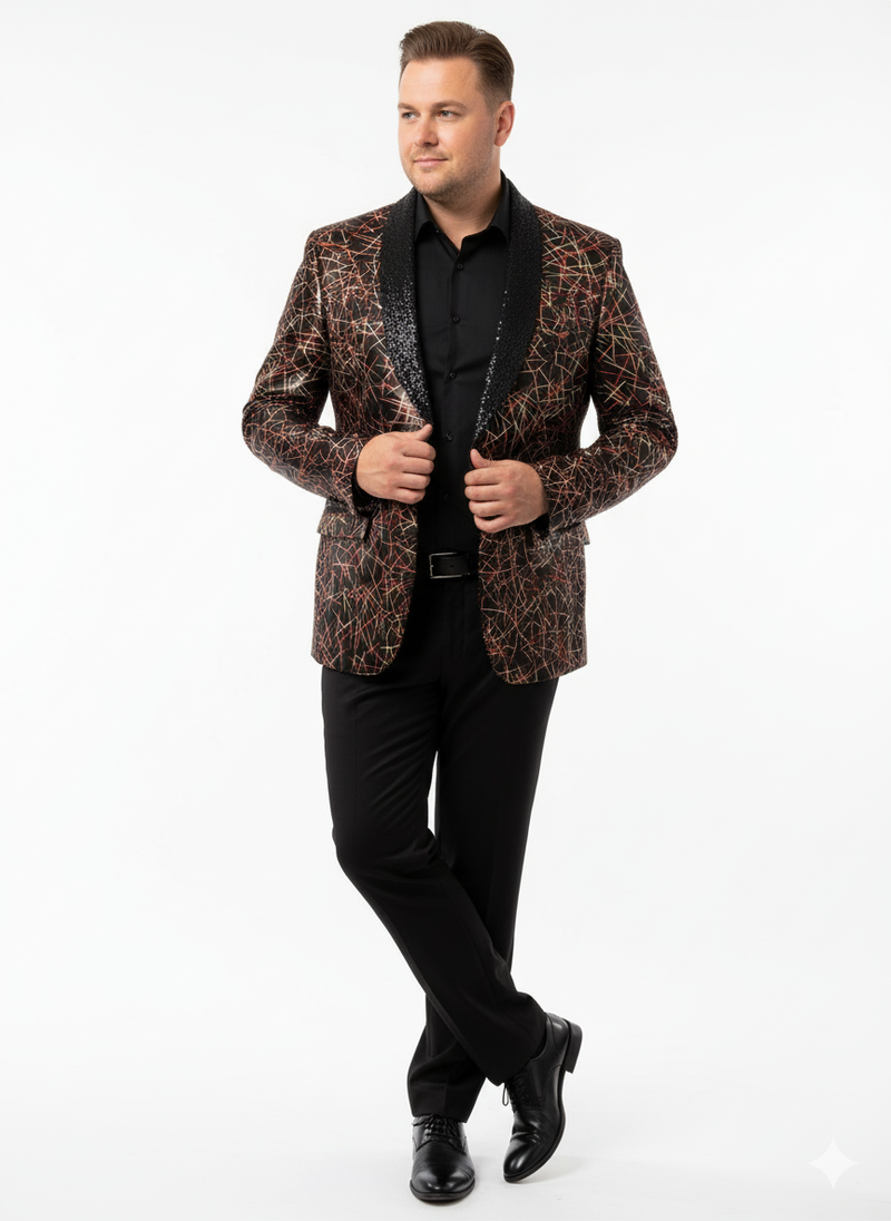 Men's black shiny designer blazer with red and gold pattern. Structured fit, black satin peak lapel, and long sleeves with intricate thread designs.
