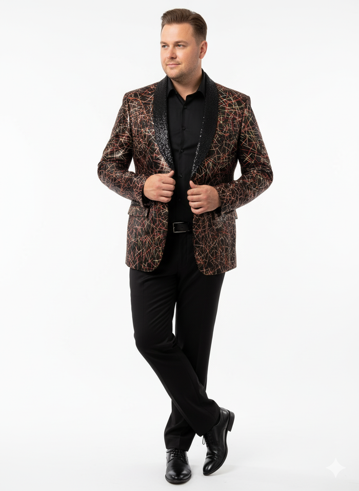 Men's black shiny designer blazer with red and gold pattern. Structured fit, black satin peak lapel, and long sleeves with intricate thread designs.
