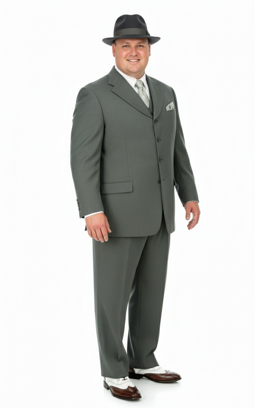 Alberto Nardoni men's 1920s-style gray zoot suit. Three-button jacket, wide lapels, loose trousers. Textured gray fabric. Includes tie, pocket square, fedora, and two-tone shoes.
