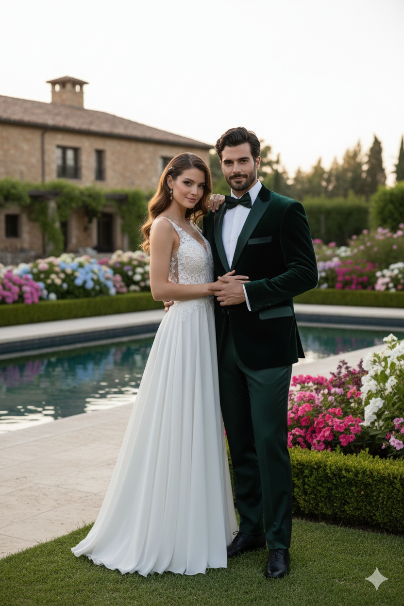 Men’s Dark Green Velvet Tuxedo Dinner Jacket – Slim Fit Formal Blazer with Satin Peak Lapel Lape