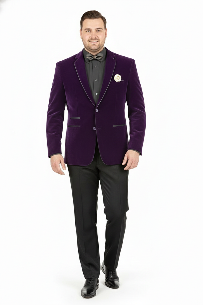 Alberto Nardoni men's purple velvet blazer. Fitted, single-breasted with satin lapels and two pockets. Deep purple hue, luxurious velvet fabric.
