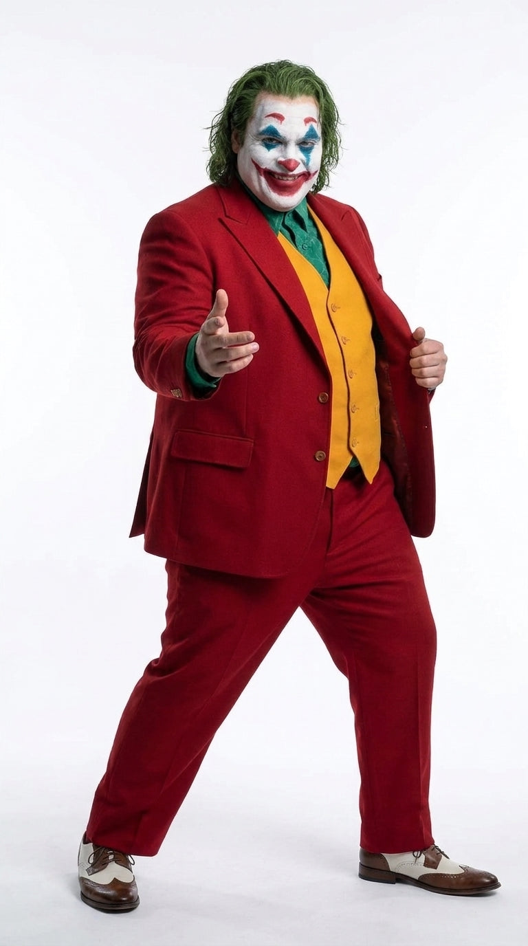 Men's Joker 2019 Red 3-Piece Suit – Joaquin Phoenix Movie-Inspired Costume with Mustard Orange Vest & Green Shirt & Tie Package