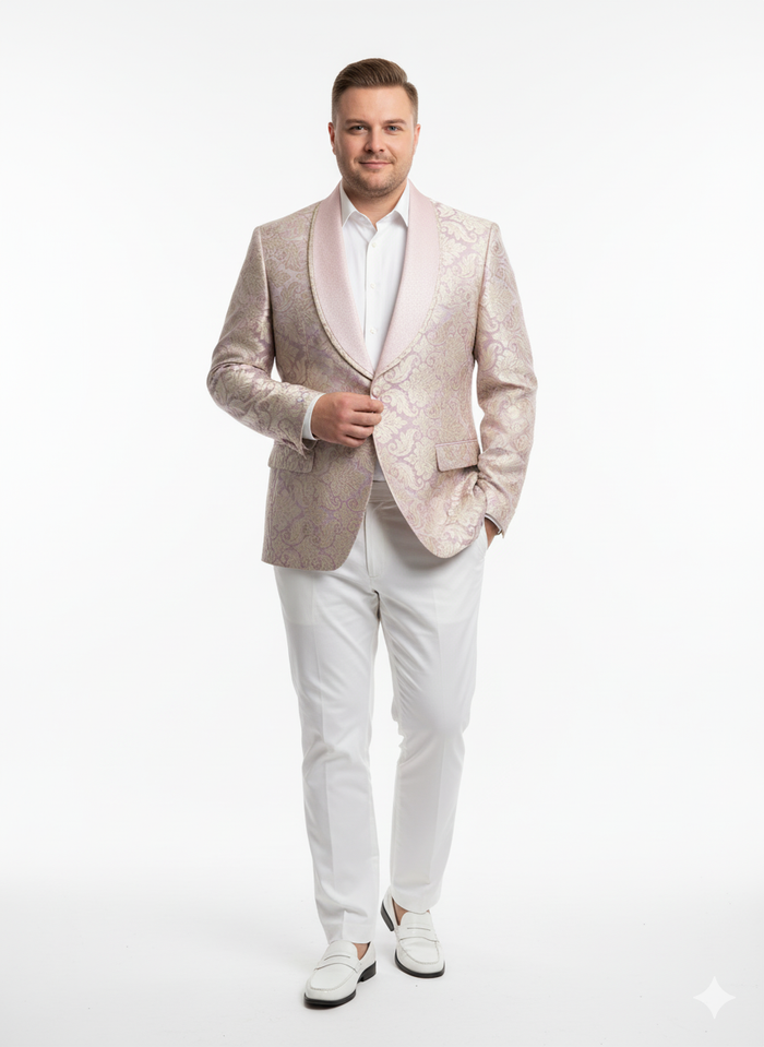 Lavender and gold men's tuxedo with embroidered floral pattern on a lilac mauve blazer and shawl collar. Textured fabric, paired with white trousers.
