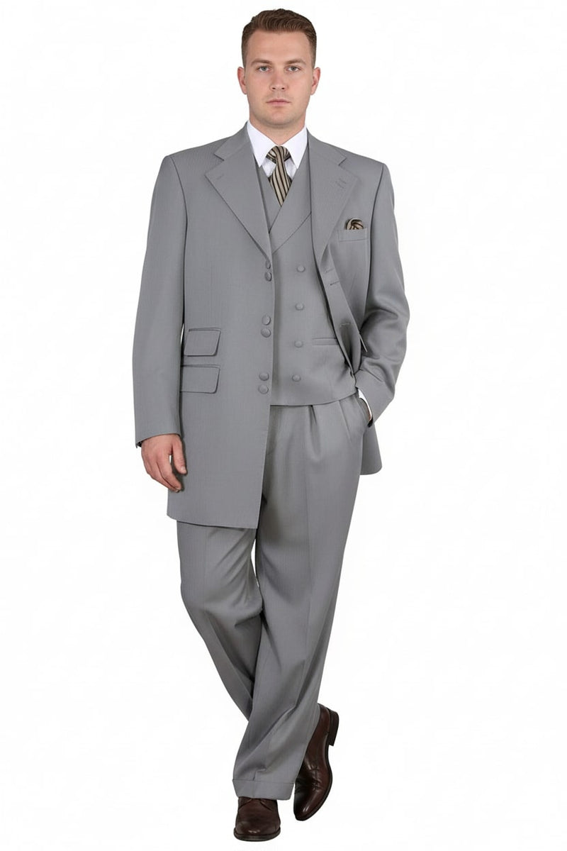 Light gray three-piece zoot suit. Oversized jacket, notched lapels, matching vest, and wide-leg trousers. Smooth fabric with subtle pinstripes.
