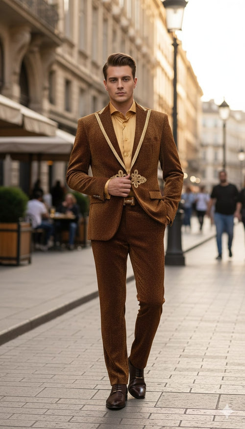 Men's brown and gold velvet suit set. Shiny blazer with gold lapel details and matching form-fitting pants. Rich bronze color with a subtle sheen, offering a luxurious tailored look.
