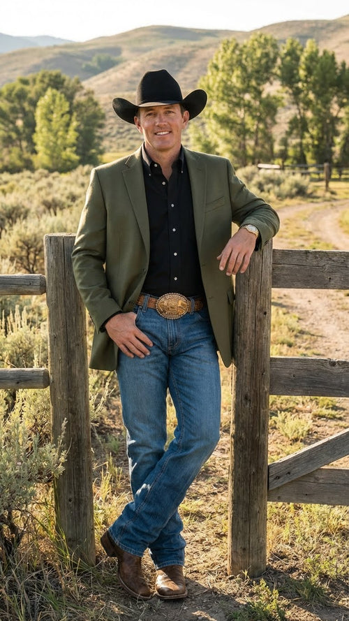 Mens Olive Green Western Blazer Jacket, Classic Cowboy Style Sport Coat for Casual Formal Wear with Jeans