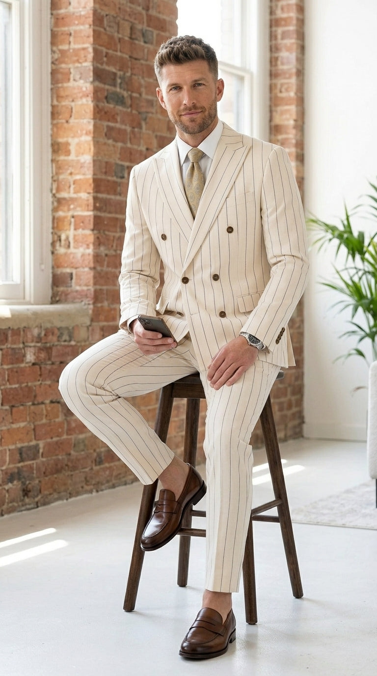 Men’s Cream Off White Pinstripe Linen Pinstripe 2 Piece Double Breasted Suit, Summer Wedding Ivory Color By Vitali