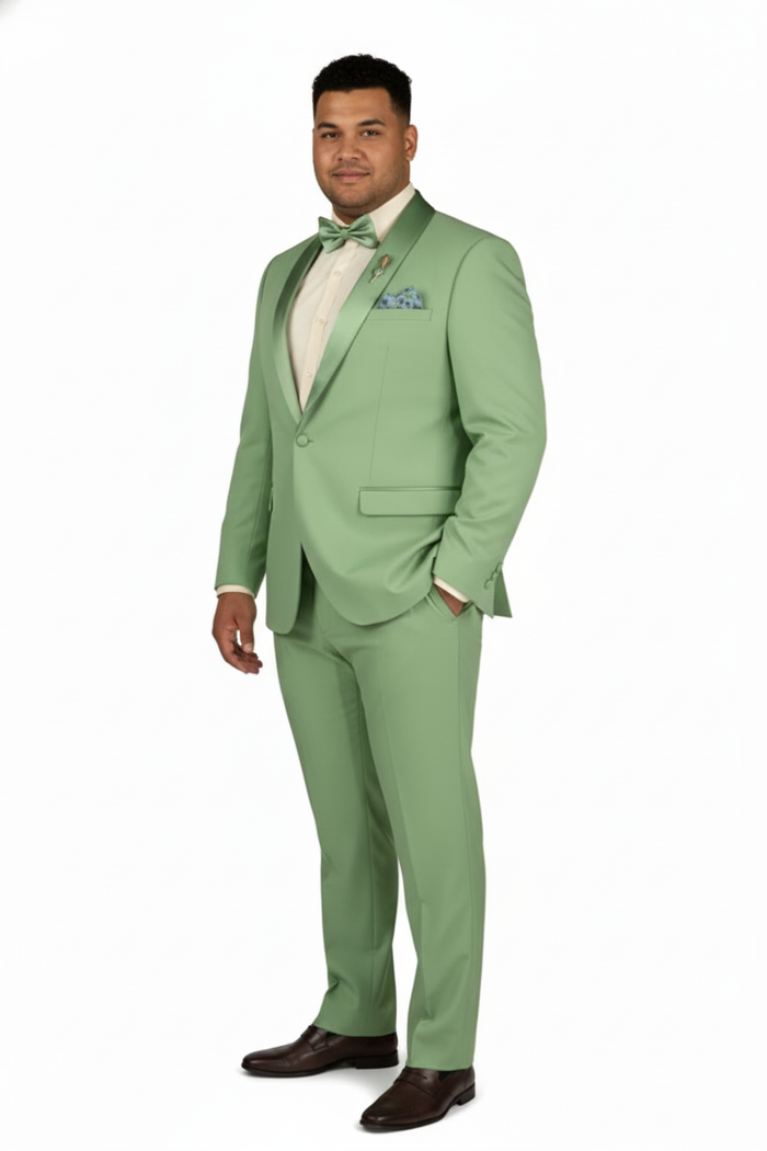 Men's mint green tuxedo: fitted blazer with notched lapel & single button, paired with straight-cut trousers. Features a smooth, slightly shiny fabric. Includes a light shirt, matching bow tie, and patterned pocket square.
