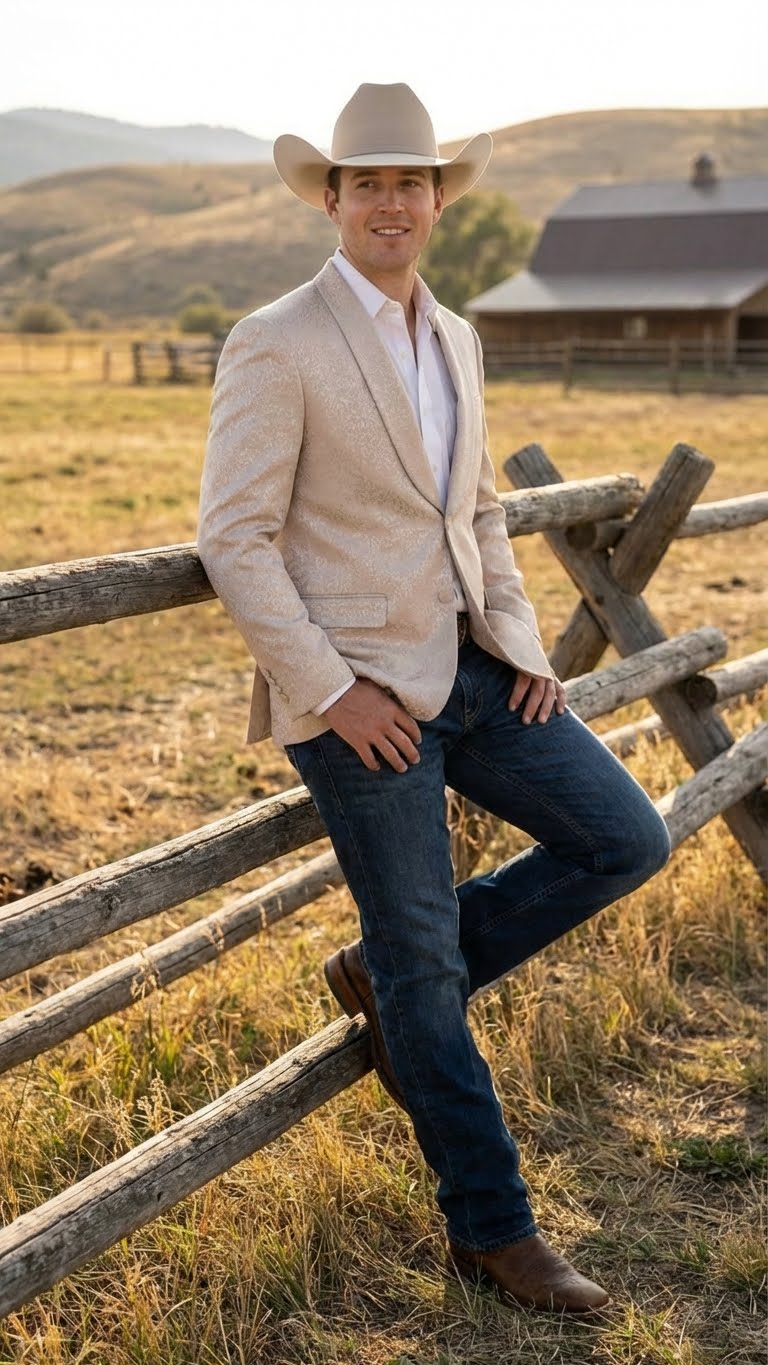 Menâ€™s Tan Khaki Beige Cream Champaign Paisley Western Blazer Jacket, Embossed Dress Sport Coat for Wedding Party Rodeo Style