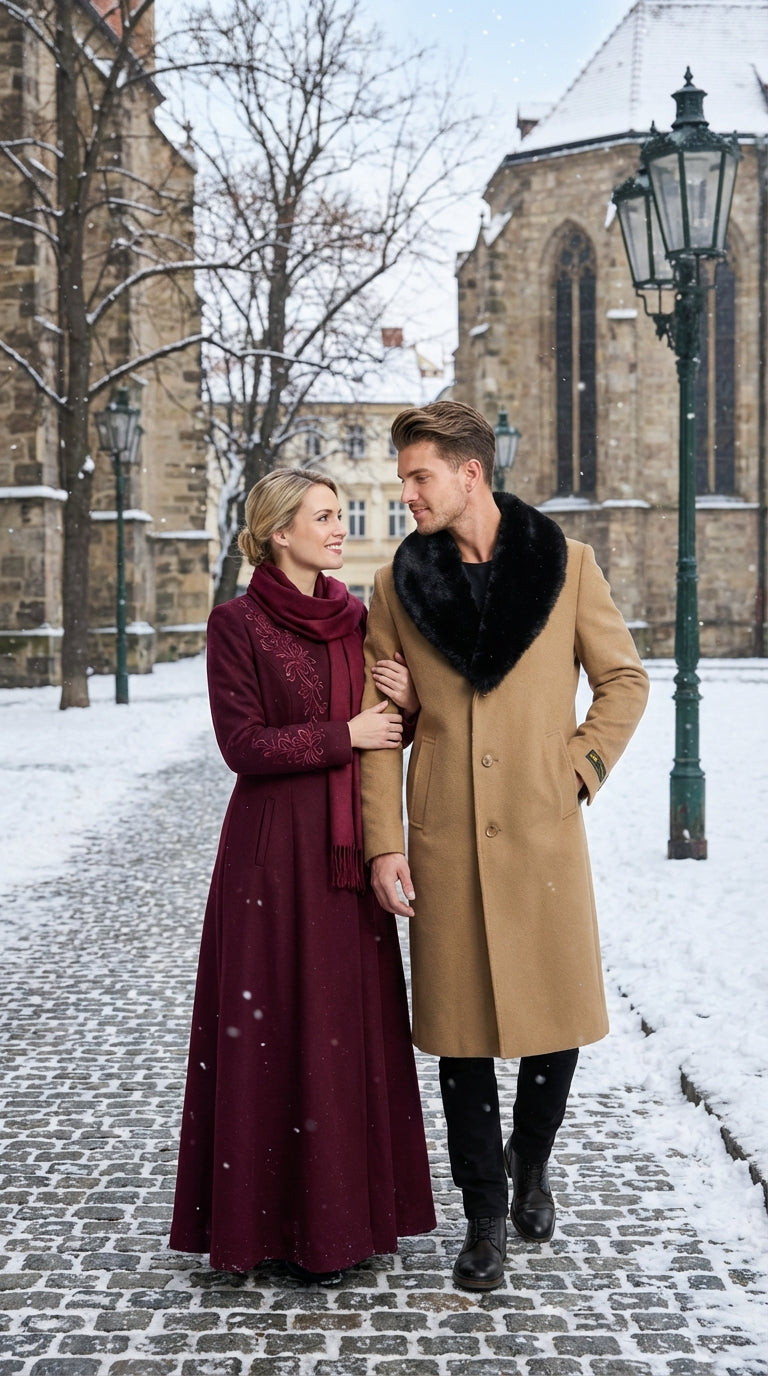 Mens Camel Tan Long Overcoat with Black Faux Fur Collar - Wool Topcoat Three if not Full length
