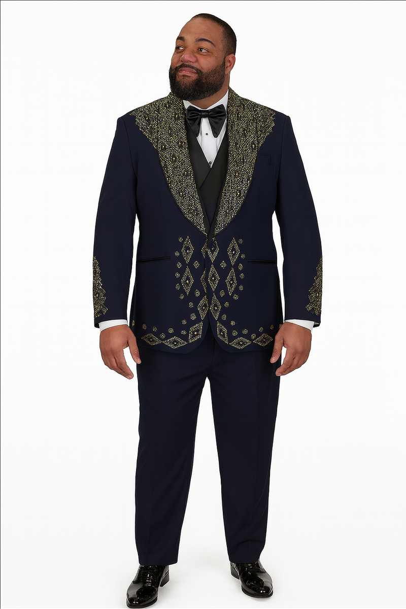 Navy tuxedo with gold geometric embroidery. Structured blazer: wide, embellished lapel, single-button closure. Matching trousers. Formal and detailed design for men.
