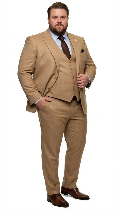 Alberto Nardoni men's three-piece tan suit: tailored trousers, vest, and jacket. Textured fabric, notched lapels, three-button jacket, and a matching button-down vest. Straight-leg trousers.
