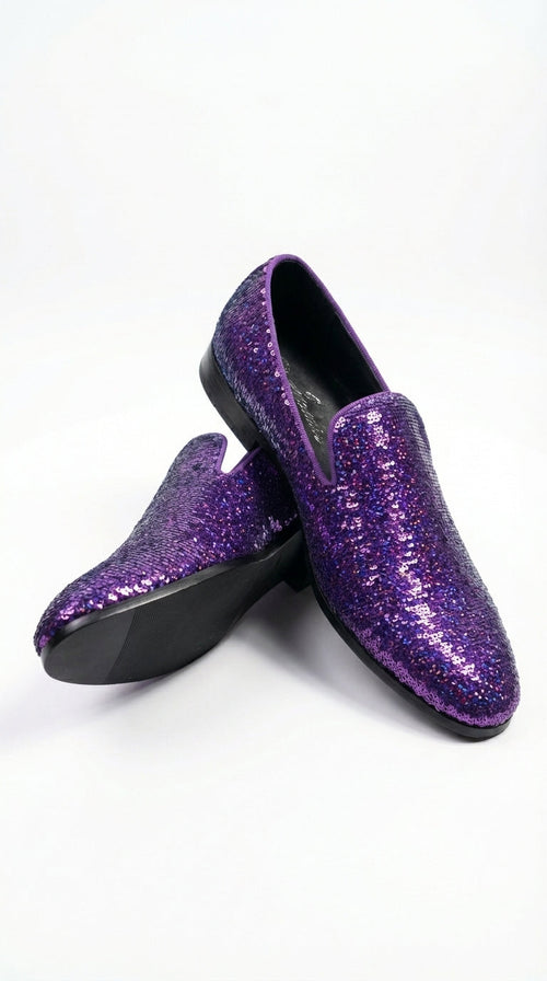 Mens Purple Sequin Dress Shoes Slip on  – Luxury Slip On Formal Loafers Wedding Prom Party Designer Footwear