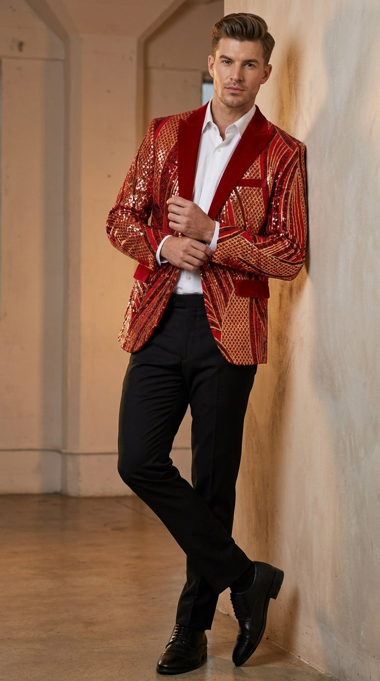Men’s Red and Gold Sequin Christmas Holiday Blazer – Luxury Party Jacket for New Year, Wedding and Festive Events