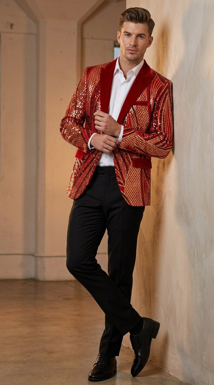 Men’s Red and Gold Sequin Christmas Holiday Blazer – Luxury Party Jacket for New Year, Wedding and Festive Events