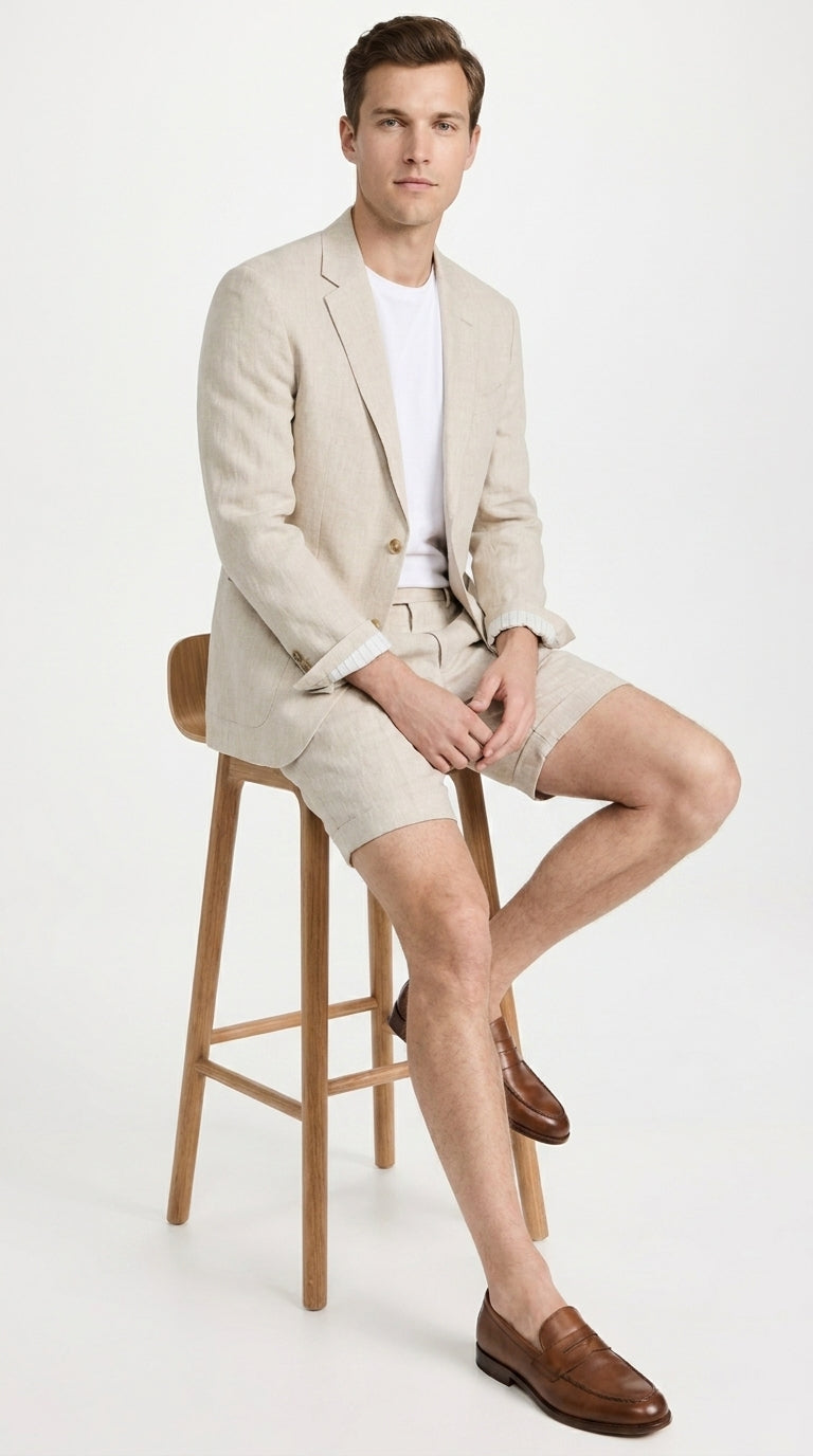 Men’s Tan Linen Suit with Shorts, 2 Piece Summer Short Suit, Casual Beach Wedding Outfit