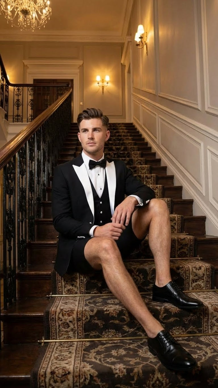 Mens Black and White Tuxedo Shorts Suit  Modern Formal Tuxedo with Short Pants for Wedding, Party and Special Events