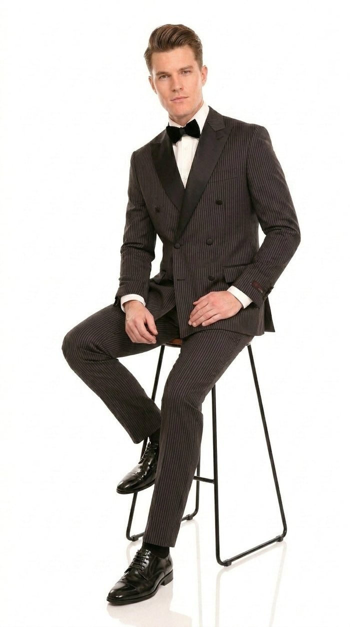 Men’s Double Breasted Suit – Classic Peak Lapel Formal Tuxedo Style Suit for Wedding in Black Ton on Tone Pinstripe
