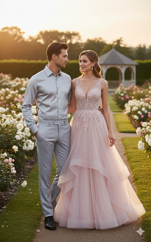 Men's silver satin dress shirt & pants. Slim fit, long sleeves, pointed collar. Smooth, shiny finish. Stylish formal wear.
