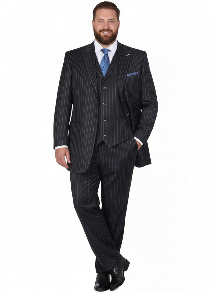 Men's navy pinstripe three-piece suit: blazer, waistcoat, & trousers. Tailored fit, smooth fabric. Three-button closure.
