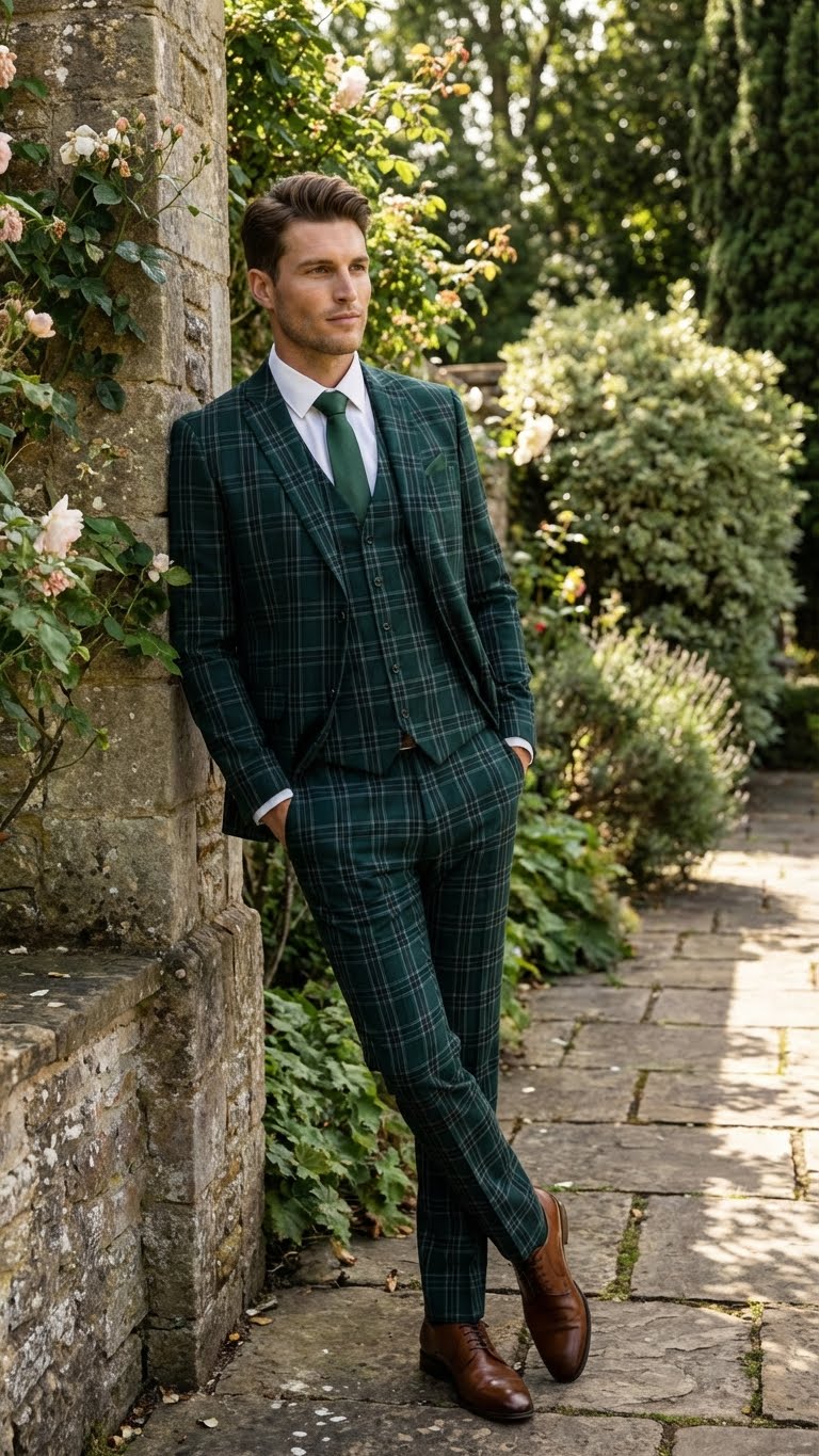 Men's Dark Green Plaid 3 Piece Suit – Checkered Suit Set for Wedding, Windowpane Tartan Fabric - Ultra Slim Fit