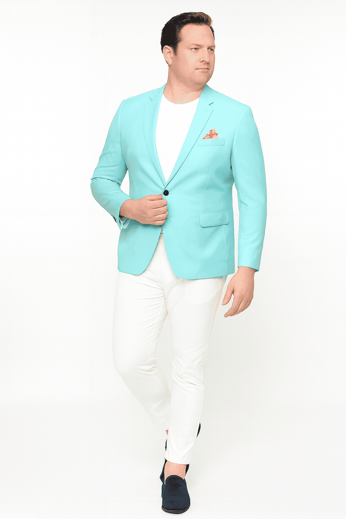 Men's slim fit aqua blazer. Light turquoise exterior with a floral inner lining. Single front pocket and slim lapels. One-button closure.
