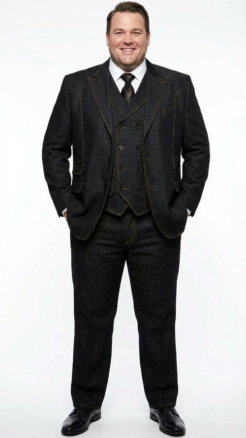 Men's Black Denim Fabric Suit – Classic Three Piece Denim Suit for Wedding, Prom and Church Wear