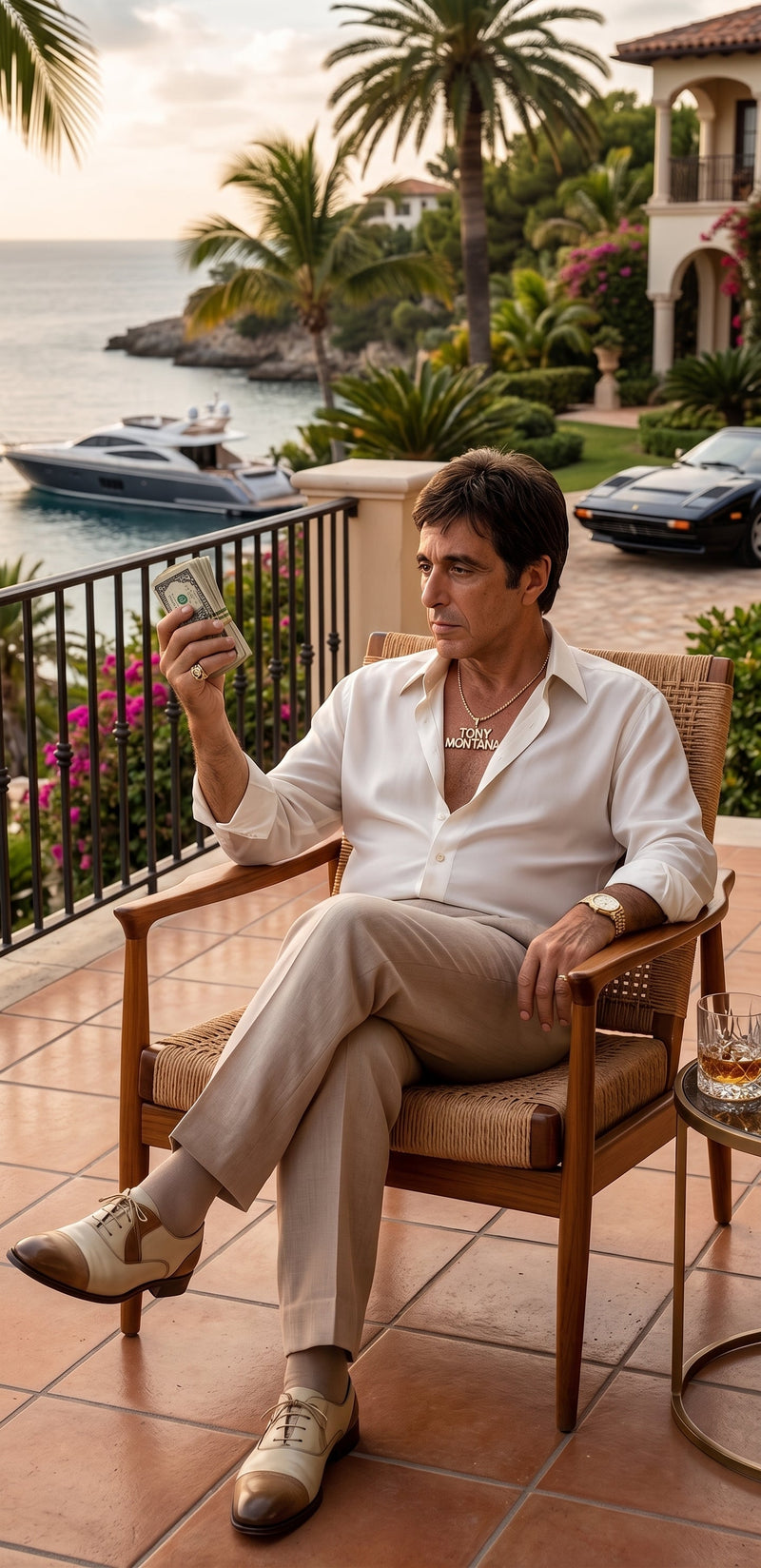 Tony Montana’s White Linen Shirt and Tan Pants – Men’s White Formal Shirt with Tan Trousers for Party, Wedding and Vintage Style Outfit