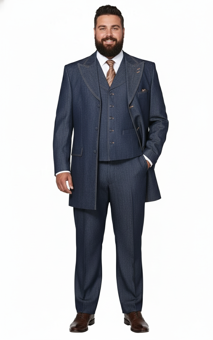 Men's dark navy denim three-piece suit. Includes a coat (notched lapel, single button), vest (multiple buttons, pocket), and tailored trousers. Features subtle pattern and visible stitching.
