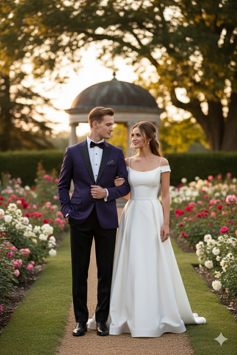 Alberto Nardoni men's purple paisley tuxedo jacket. Tailored fit, black satin lapel, single-button closure. Textured fabric, paisley pattern. Includes pocket square. Structured, formal aesthetic.
