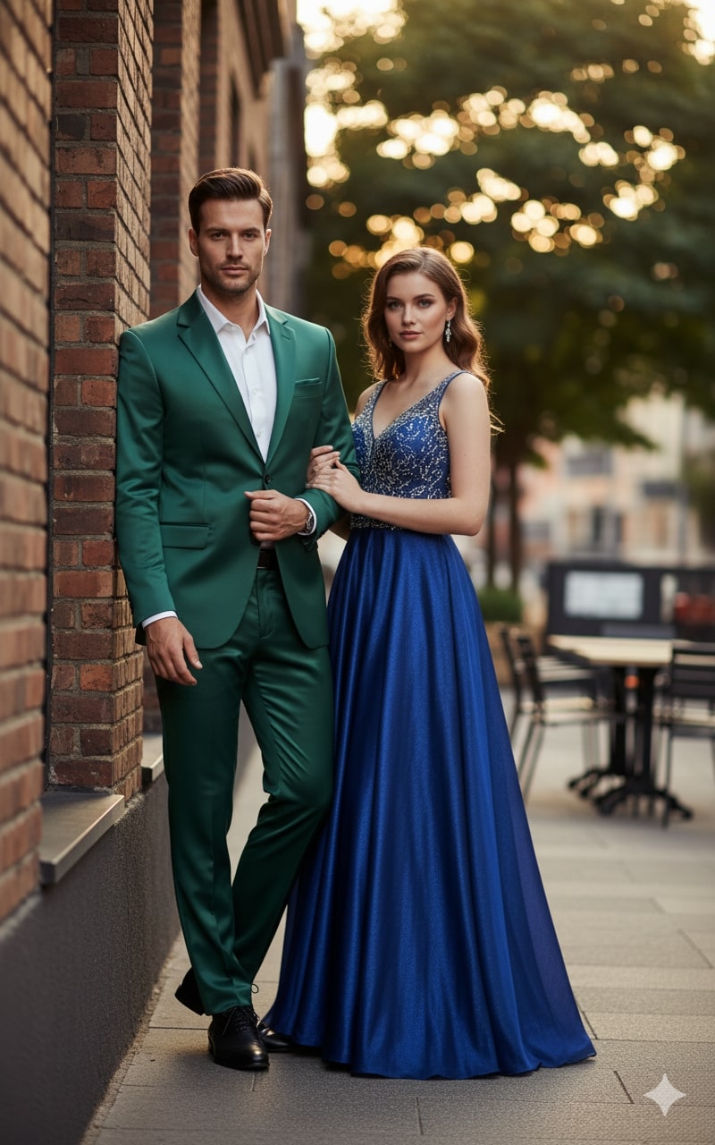 Men's slim fit suit set in shiny emerald green sateen. Includes a tailored blazer and matching pants. Formal and stylish design.
