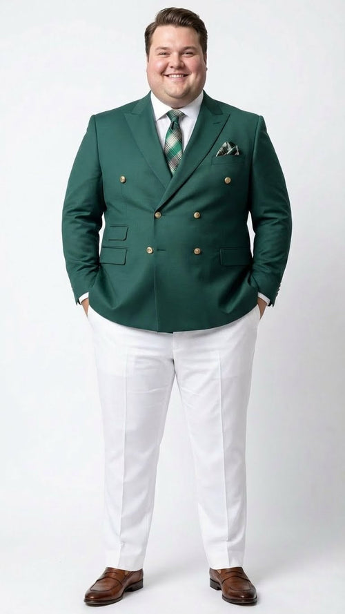 Men’s dark green double-breasted blazer featuring a tailored fit, crafted from a smooth fabric, with a structured shape, and embellished with gold-tone buttons and two front pockets.