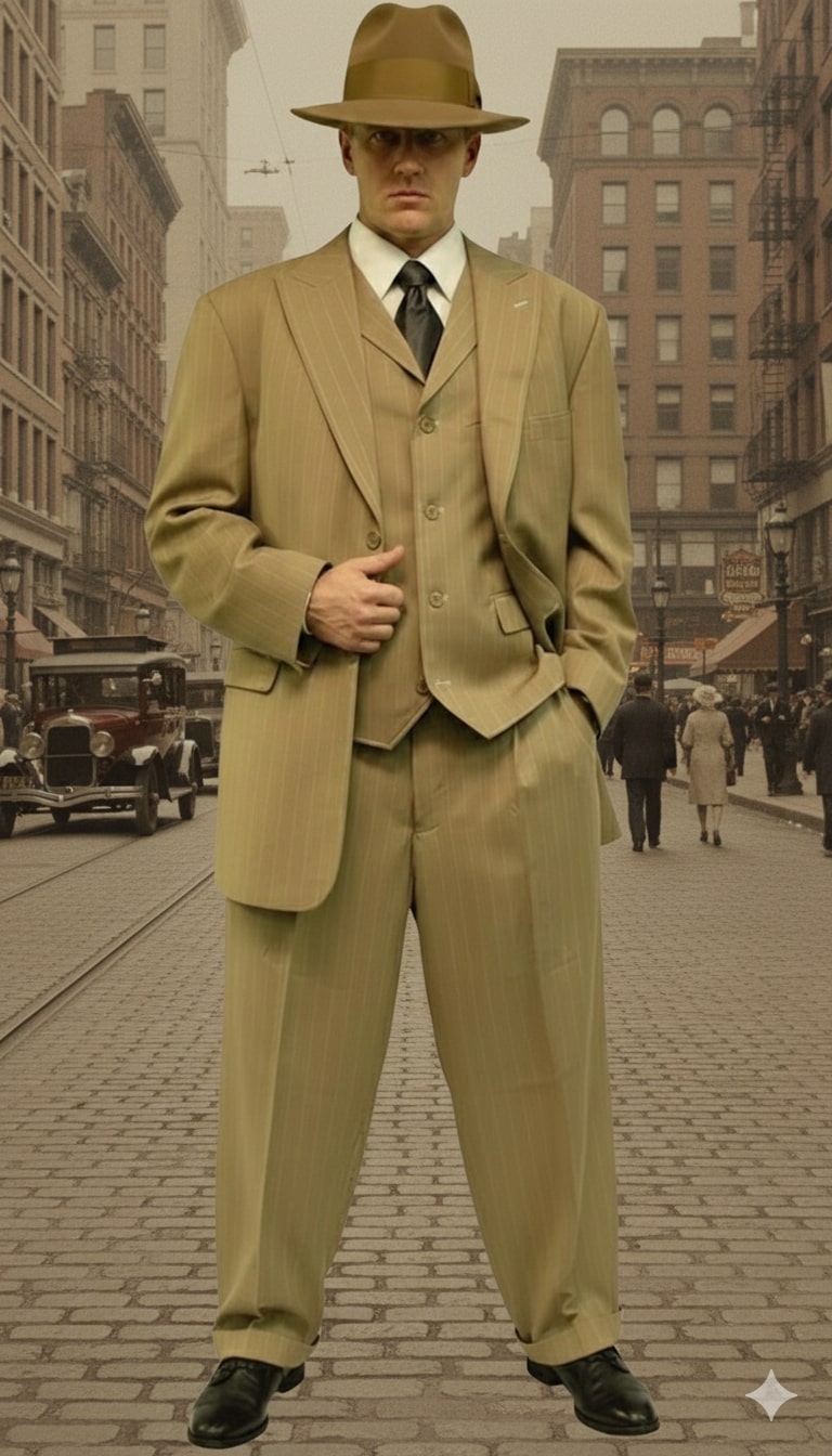 Tan pinstripe zoot suit: three-piece set with long jacket (wide lapels), vest, and wide-leg trousers. Light tan fabric, vertical pinstripes. Loose fit, high-waisted pants. 1920s gangster style, includes a matching tan hat.
