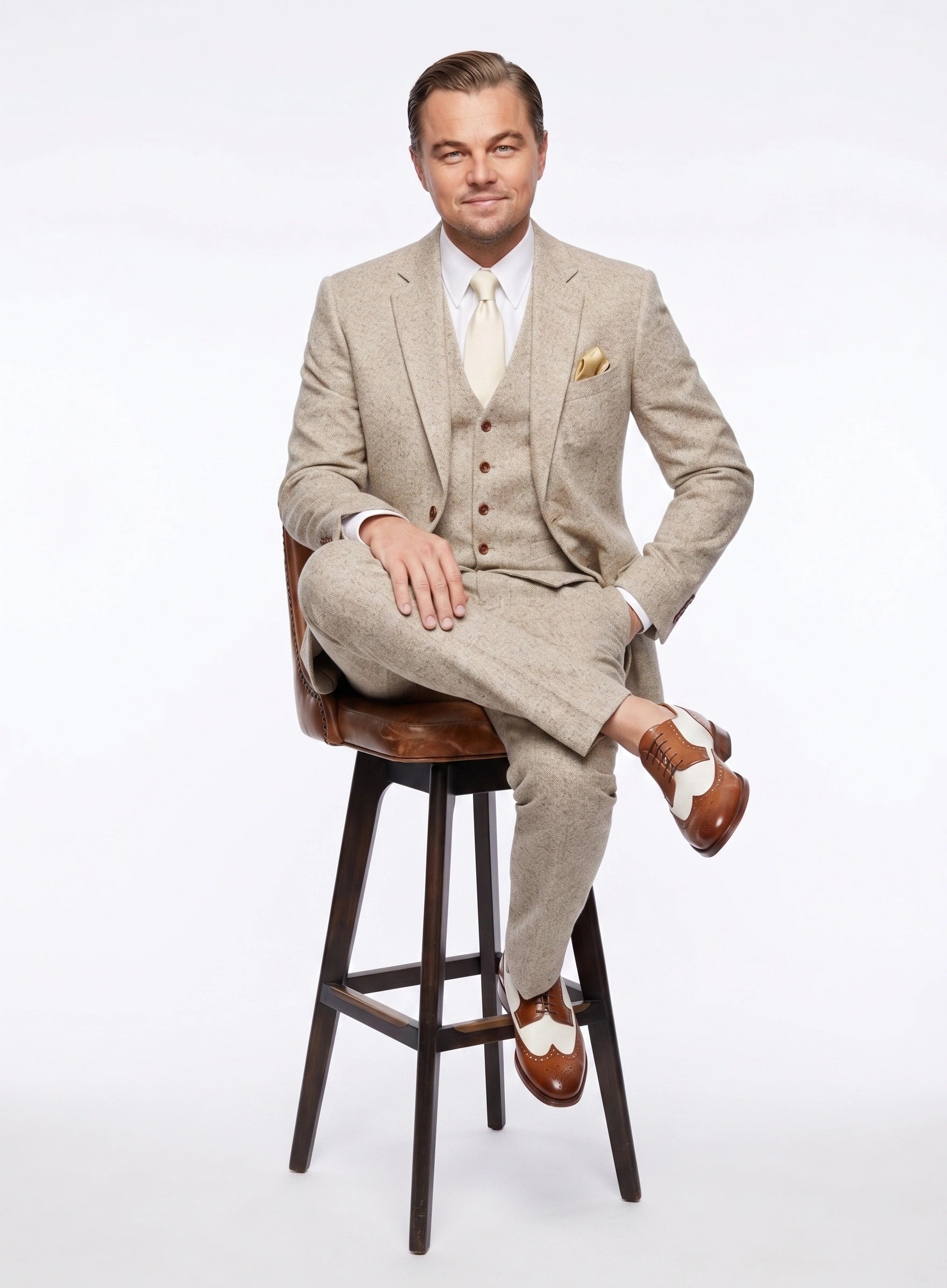 Men’s Light Tan Tweed Great Gatsby 3 Piece Suit – Vintage Vested Wedding Suit, 1920s Classic Formal Outfit Herringbone