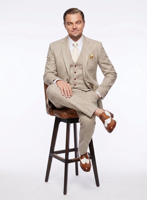 Men’s Light Tan Tweed Great Gatsby 3 Piece Suit – Vintage Vested Wedding Suit, 1920s Classic Formal Outfit Herringbone