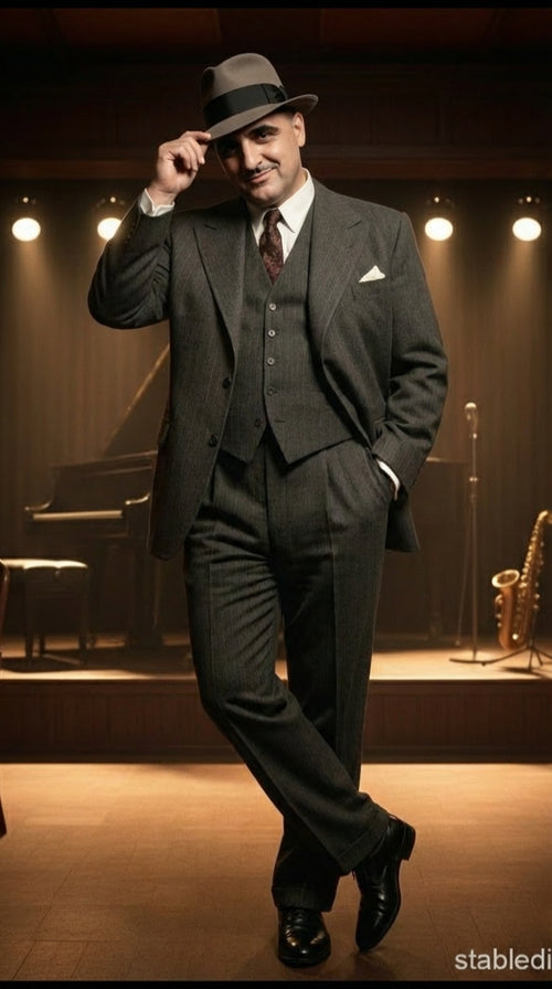 Al Capone Men’s Charcoal Gray Stripe 3-Piece Gangster Style Suit – 1920s Jazz Club Inspired Formal Suit Outfit