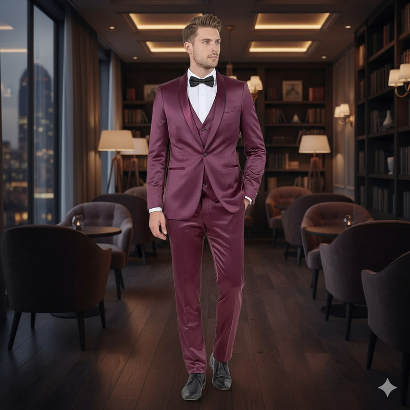 Men's slim-fit burgundy sateen tuxedo. Shiny finish, satin shawl lapel. Three-piece suit: jacket, trousers, and vest.
