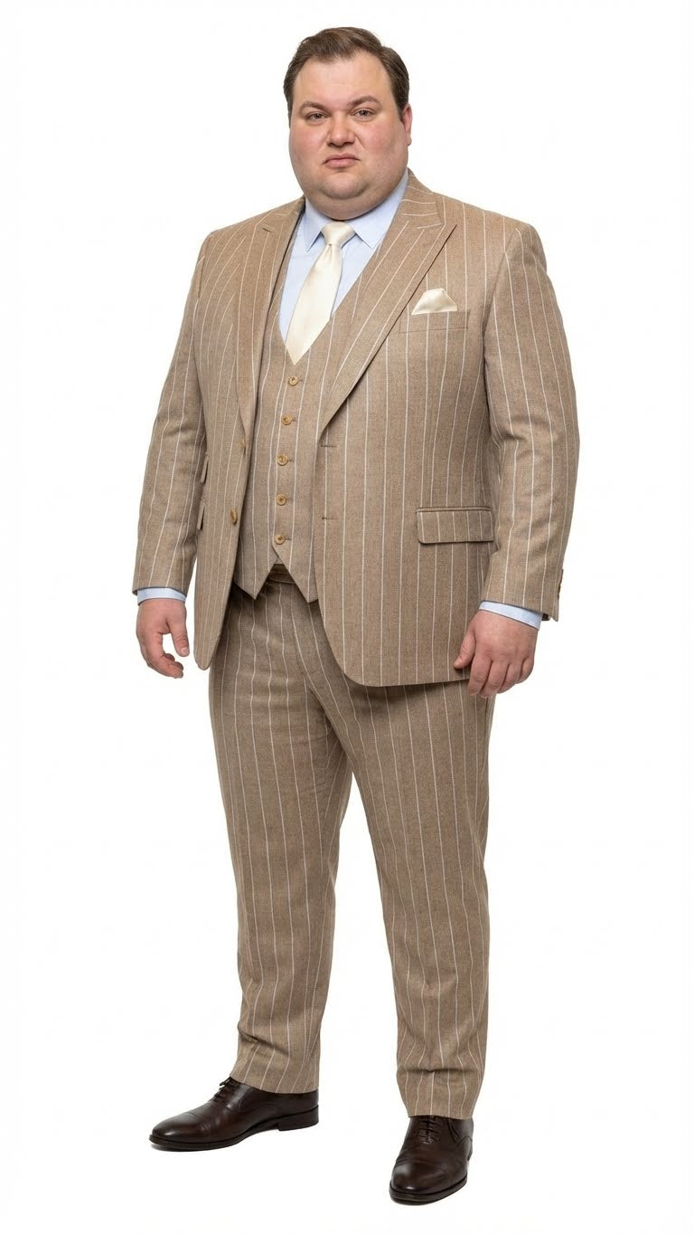 Men's beige pinstripe three-piece suit: tailored jacket (notched lapels, single-button), vest, and trousers (straight fit). Light pinstripe, textured fabric. Formal wear.
