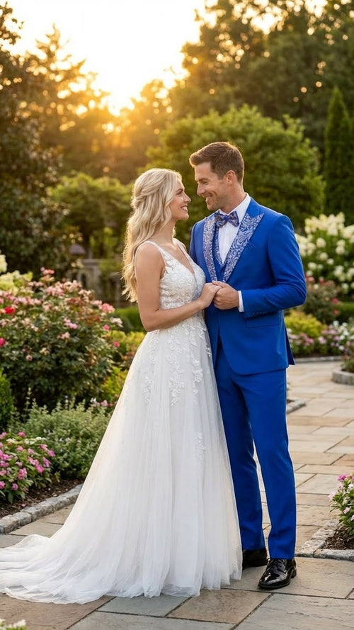 Royal blue tuxedo suit with white embellished lapels, shawl collar, and matching trousers. Includes white dress shirt and bow tie. Smooth fabric.
