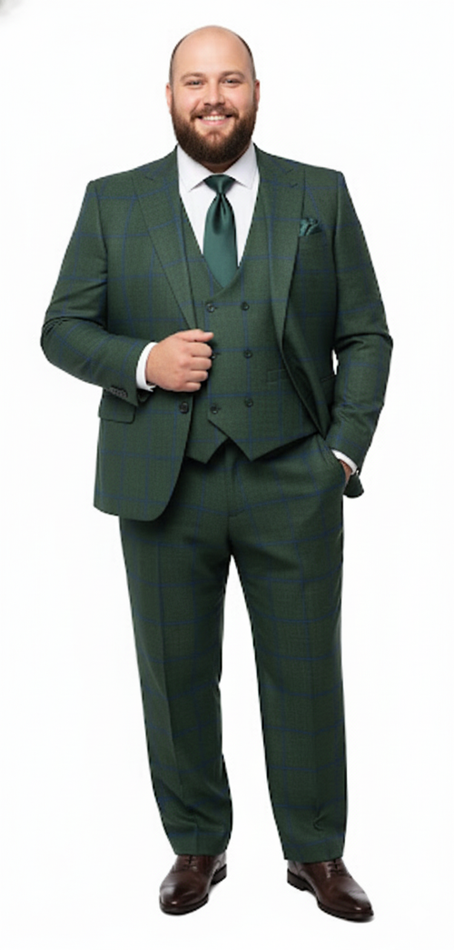 Men's green plaid 3-piece suit. Classic check pattern in dark/light green. Slim fit: tailored jacket, vest, & trousers.
