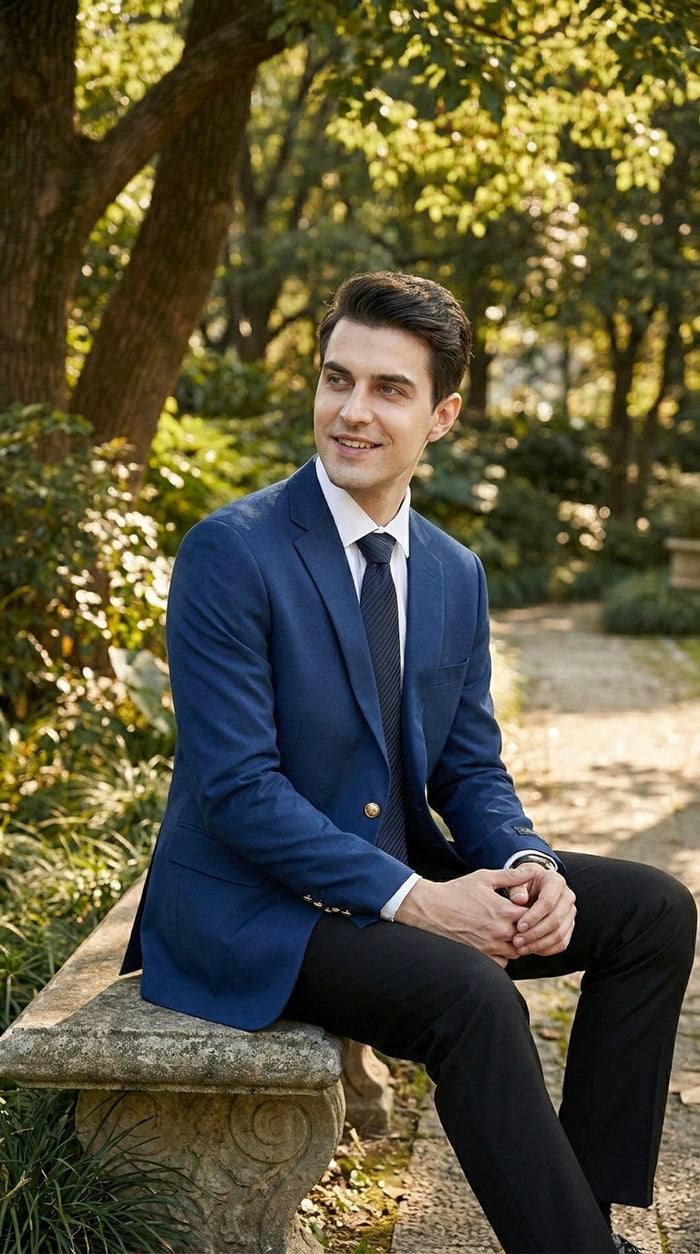 Men’s Sapphire Indigo Cobalt Blue Blazer with Gold Buttons – Classic Single Breasted Formal Business Jacket for Office, Wedding