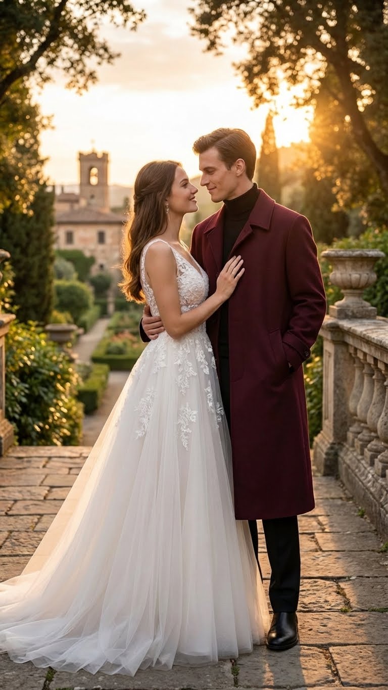 Alberto Nardoni men's burgundy overcoat. Tailored wool blend with a notched collar and straight silhouette. Single-breasted, button closure, side pockets. Long sleeves, classic design.
